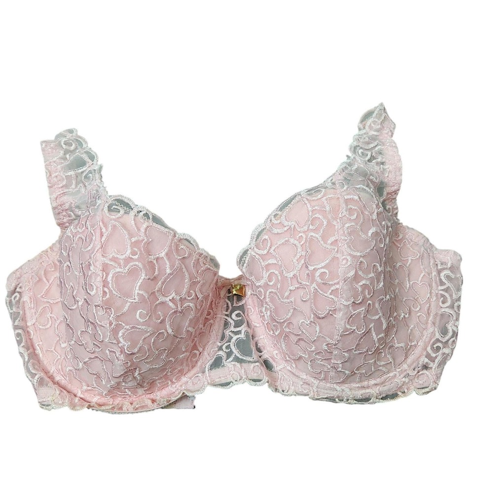 VINTAGE 90's Delicates Pink Heart Print Lace Demi‎ Bra 36D Underwire